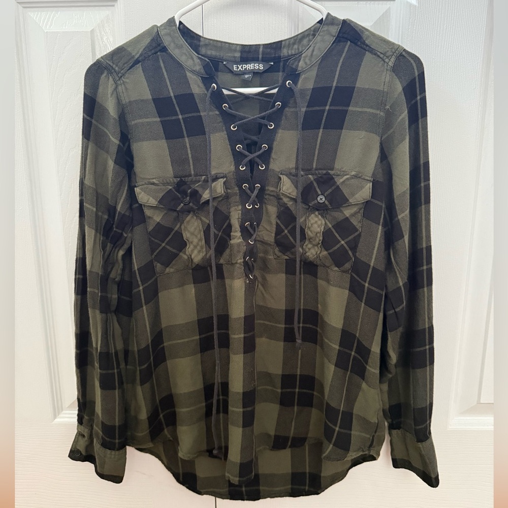 Express Women's Green and Black Plaid Lace-Up Shirt